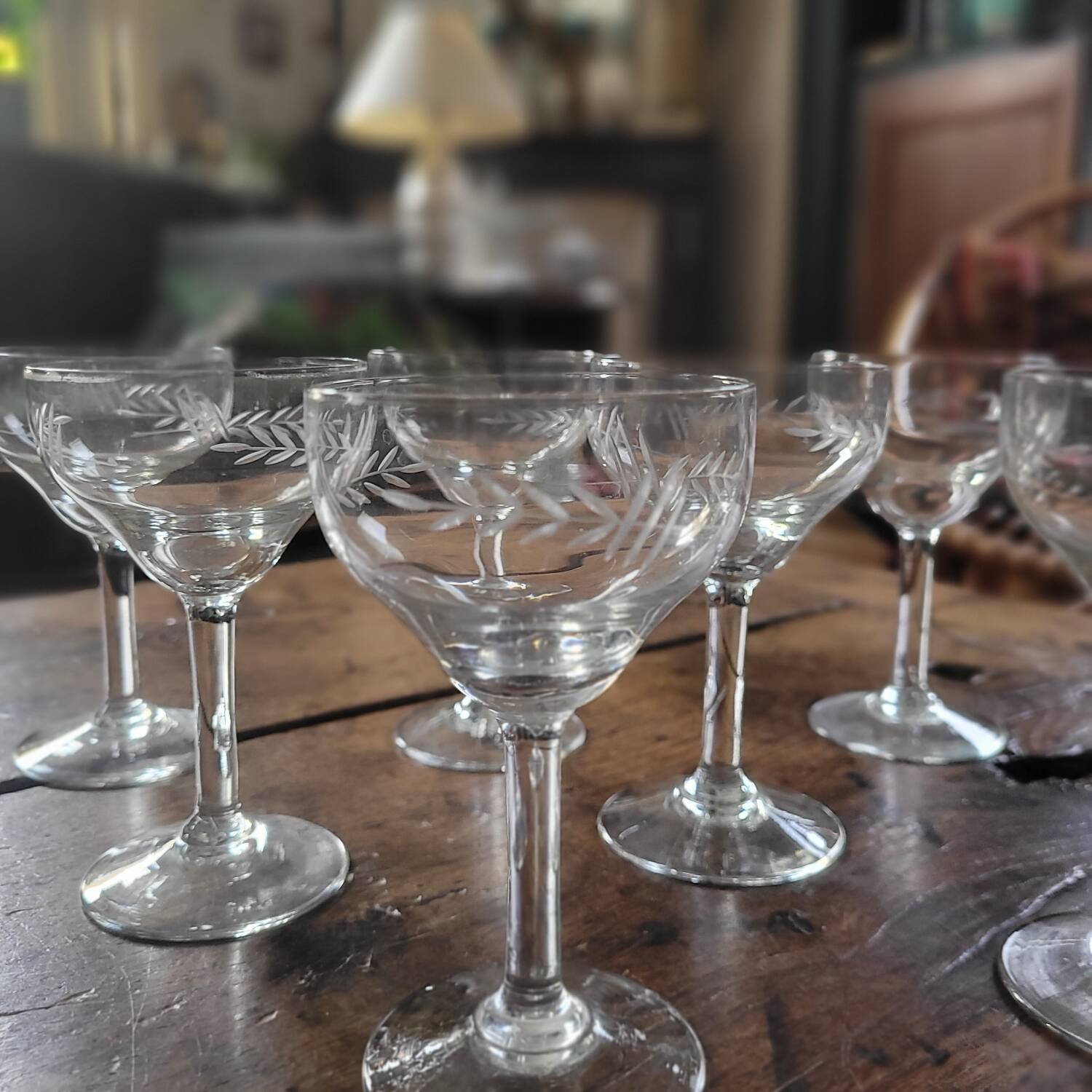 8 vintage stemmed glasses, French glassware, 1950s.