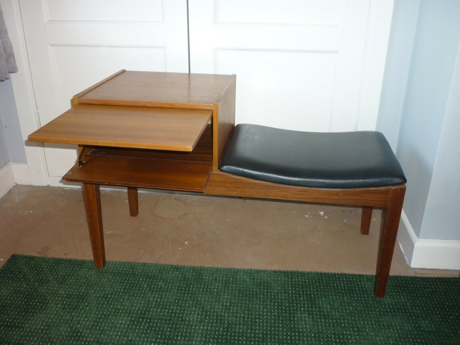 Banquette de téléphone en teck ancien avec siège en vinyle
