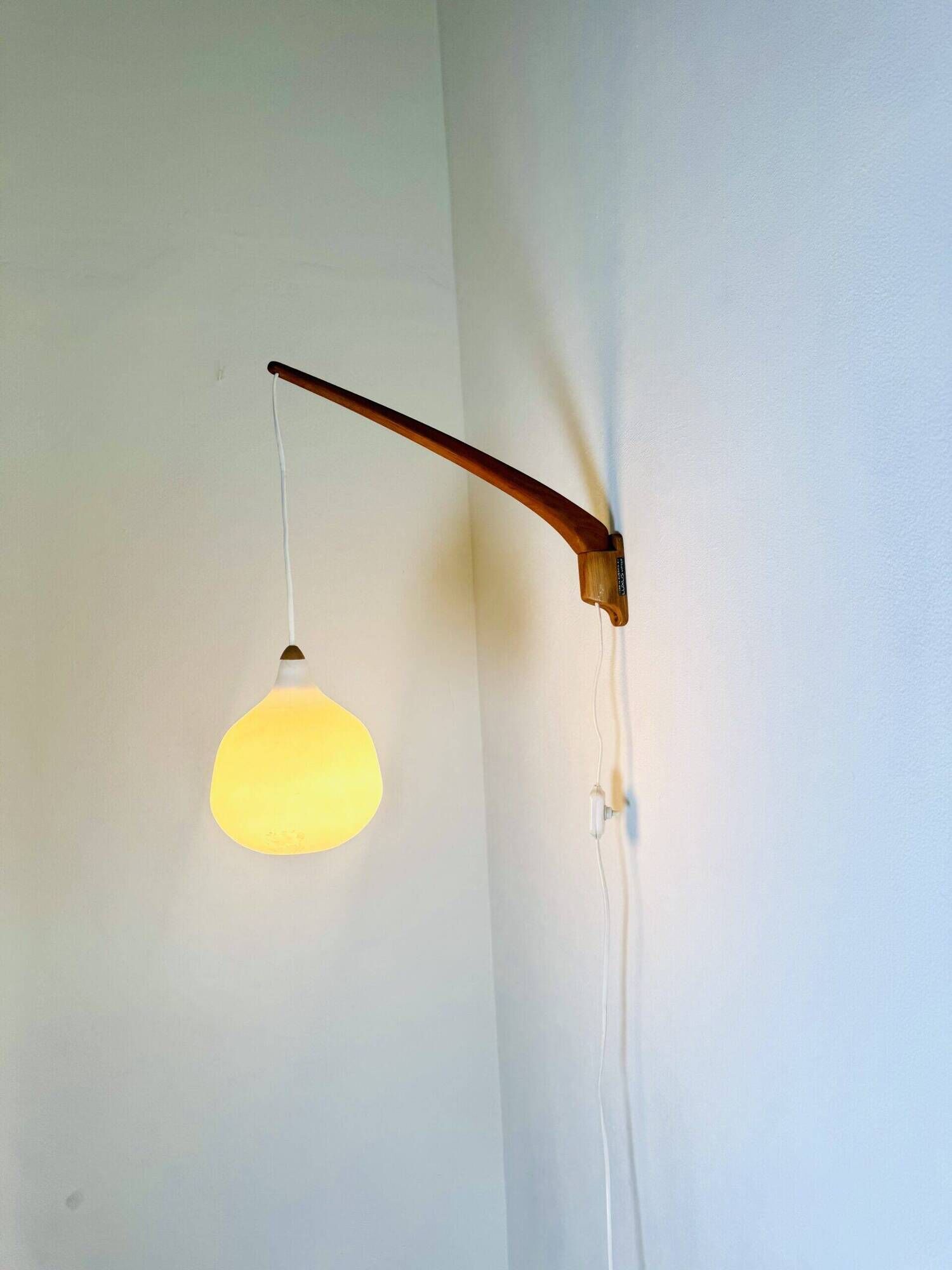 Model 705 Wall Lamp In Teak And Opaline Glass By Uno & Östen Kristiansson For Luxus, Sweden 1960S