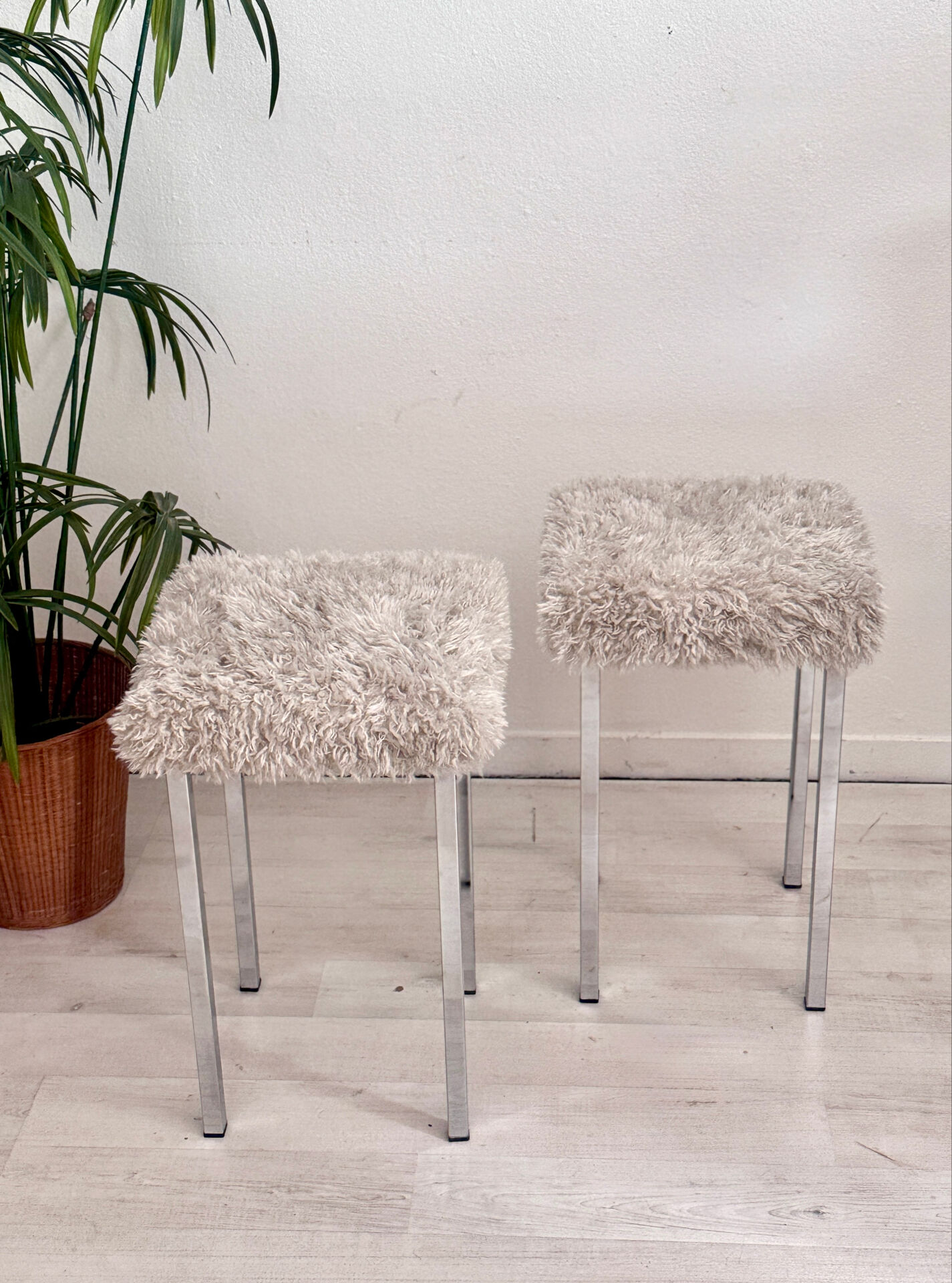 Set of two vintage chrome stools with fluffy upholstery