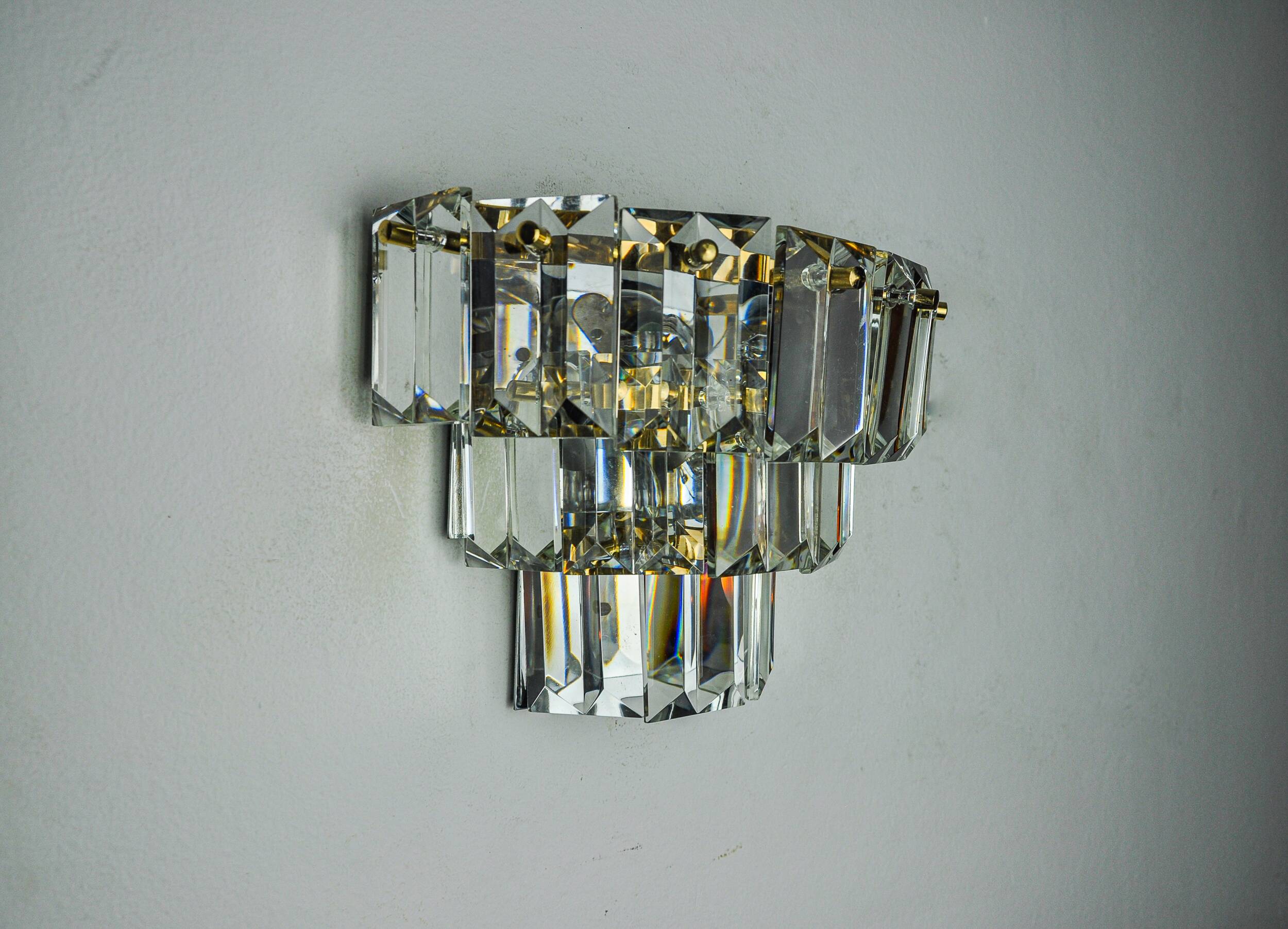 Kinkeldey wall light, cut crystals, 3 levels, Germany, 1970