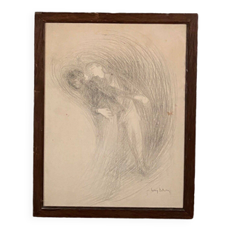 Charcoal drawing by Henry Bataille XXth couple of dancers