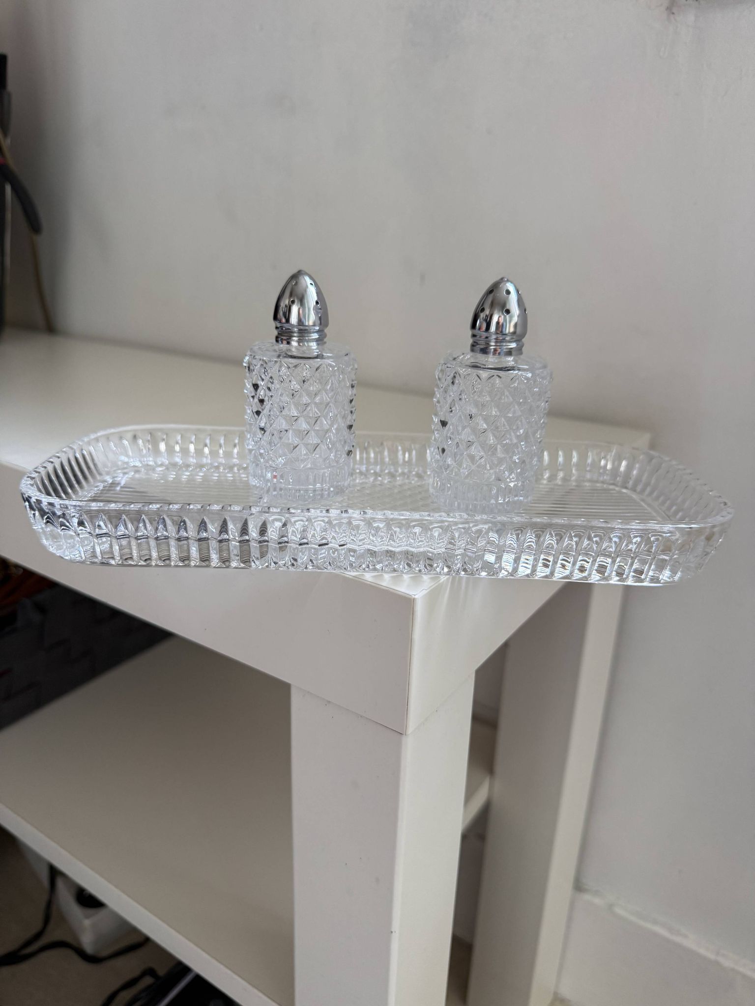 Tray with crystal salt and pepper shakers
