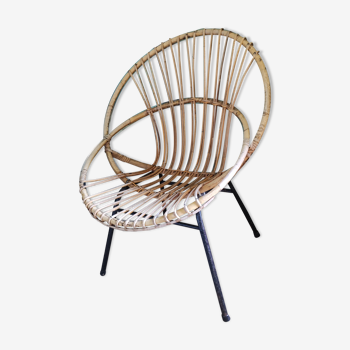 Armchair rattan shell bamboo base vintage steel