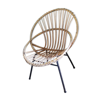 Armchair rattan shell bamboo base vintage steel