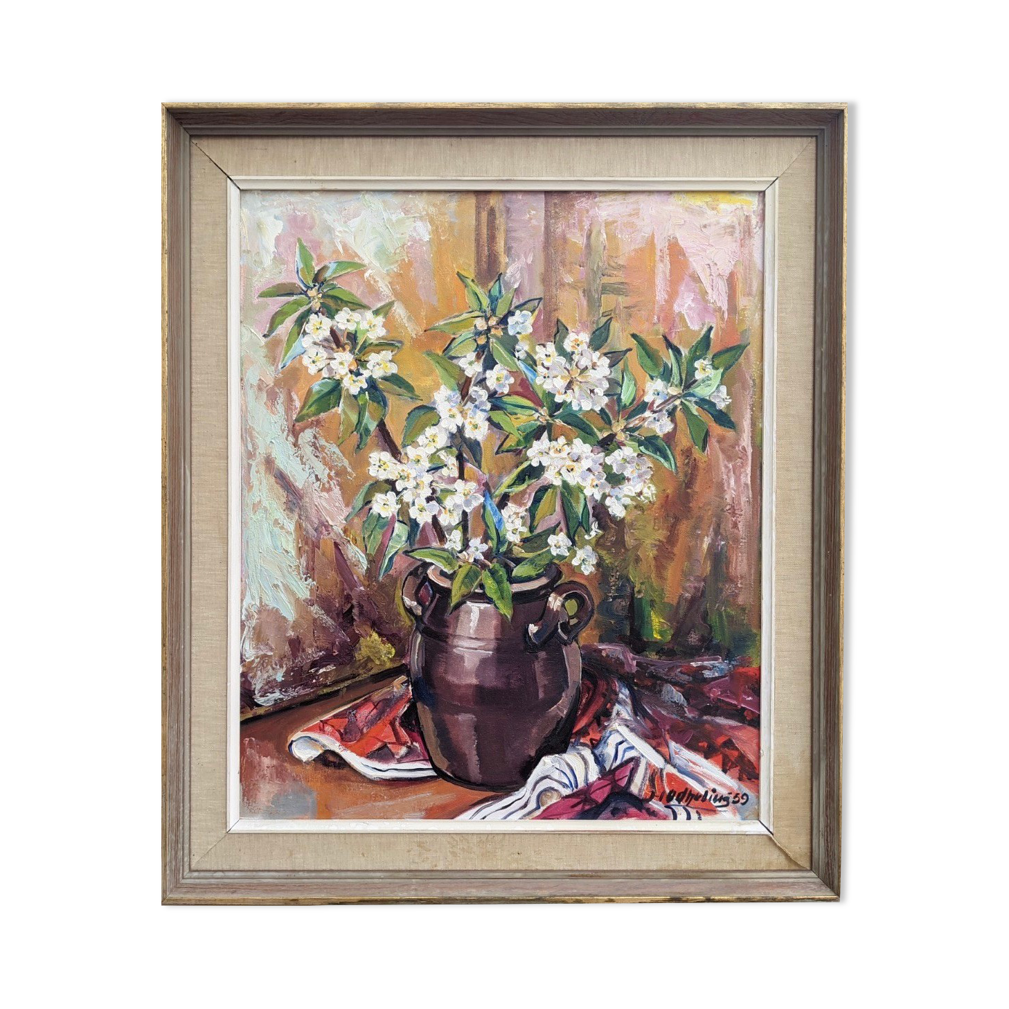 Mid 20th Century "Flower Jar" Swedish Modernist Still Life Oil Painting, Framed