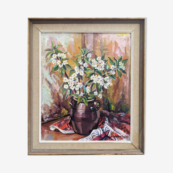 Mid 20th Century "Flower Jar" Swedish Modernist Still Life Oil Painting, Framed