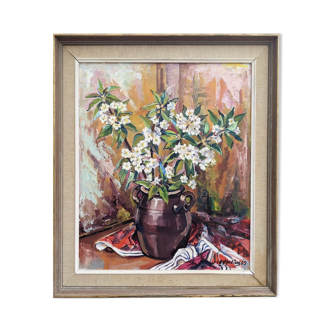 Peinture à l’huile de nature morte « pot de fleurs »  milieu du 20ème siècle