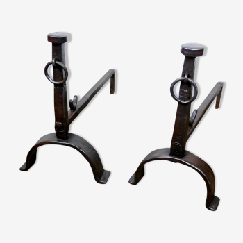 Old pair of chenet landier fireplace turns wrought iron spindle