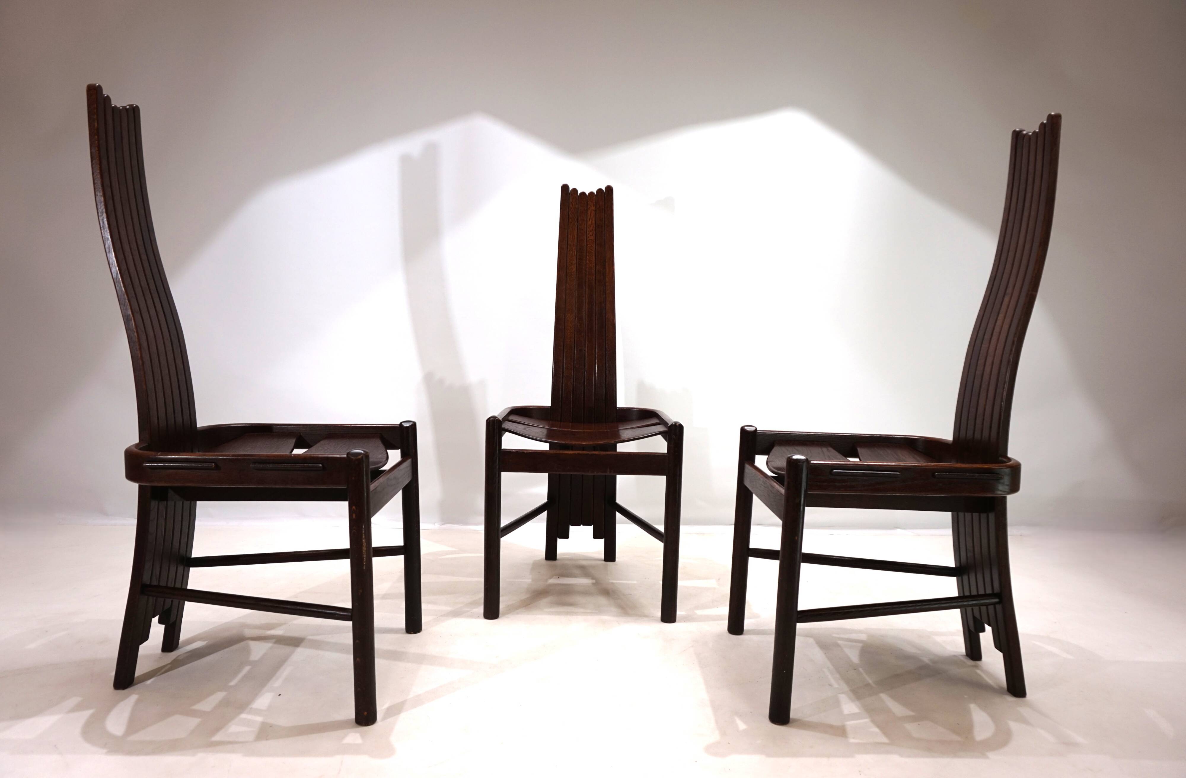 Set of 3 Allmilmö brutalist dining chairs oak, 1980