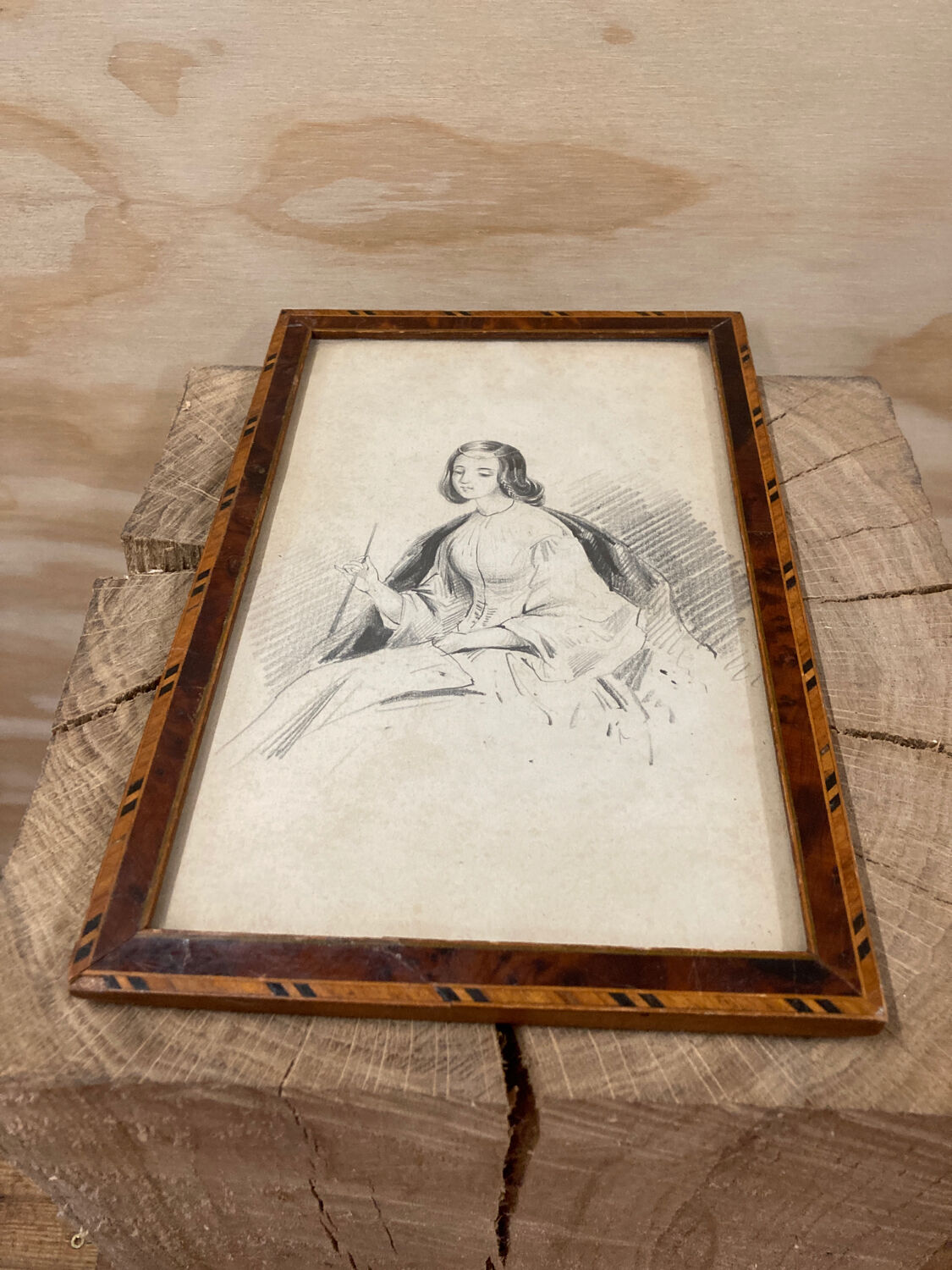Portrait 19th young woman romantic marquetry frame