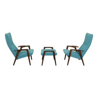 Ensemble de 2 fauteuils avec pouf assorti par Yngve Ekström pour Pastoe, années 1960