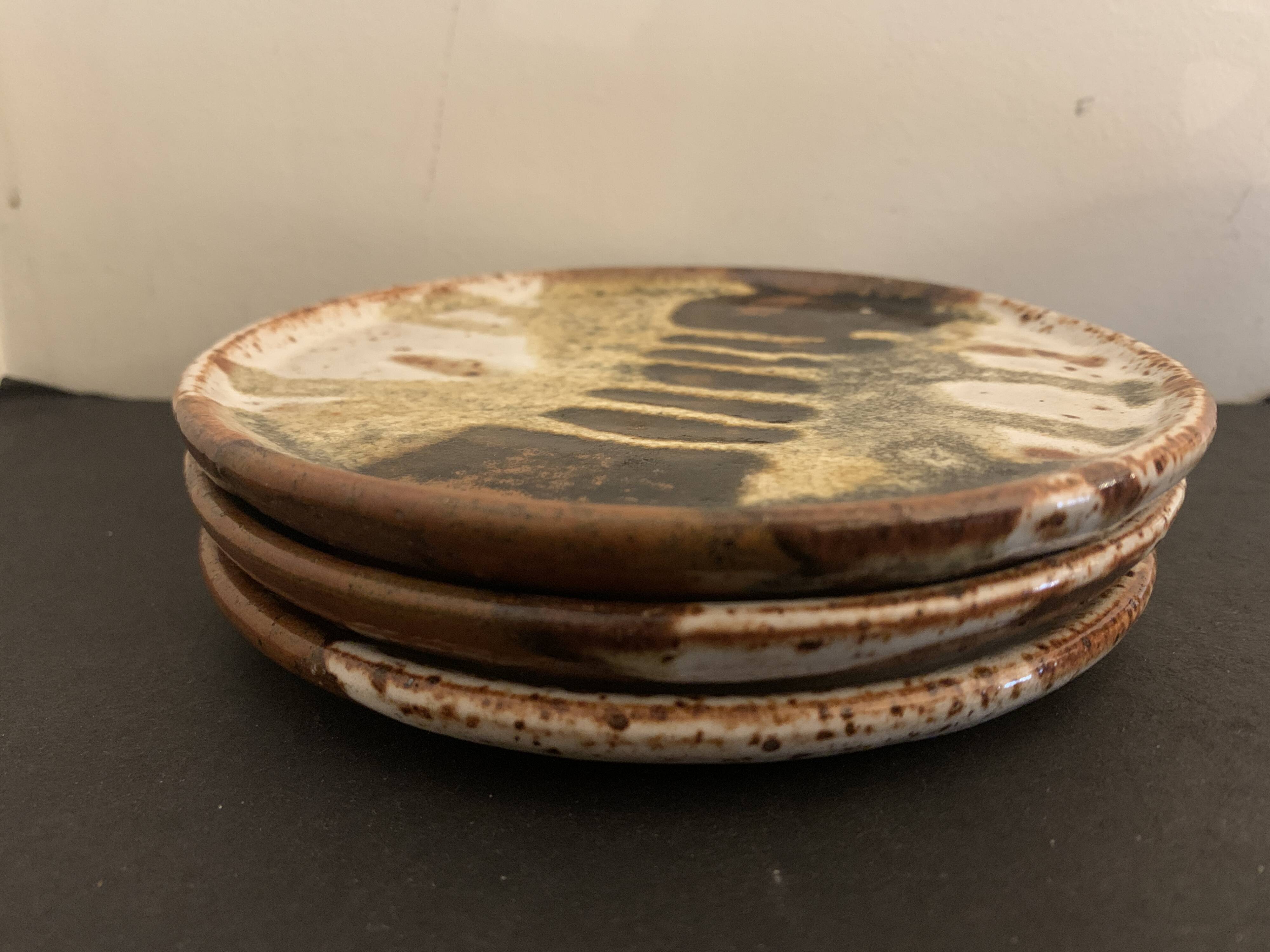 Set of 3 Danish Waldorff cups and 3 saucers in glazed stoneware