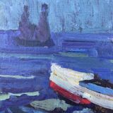 Peinture à l'huile moderniste vintage Paysage abstrait Gerhard Larsson 1960