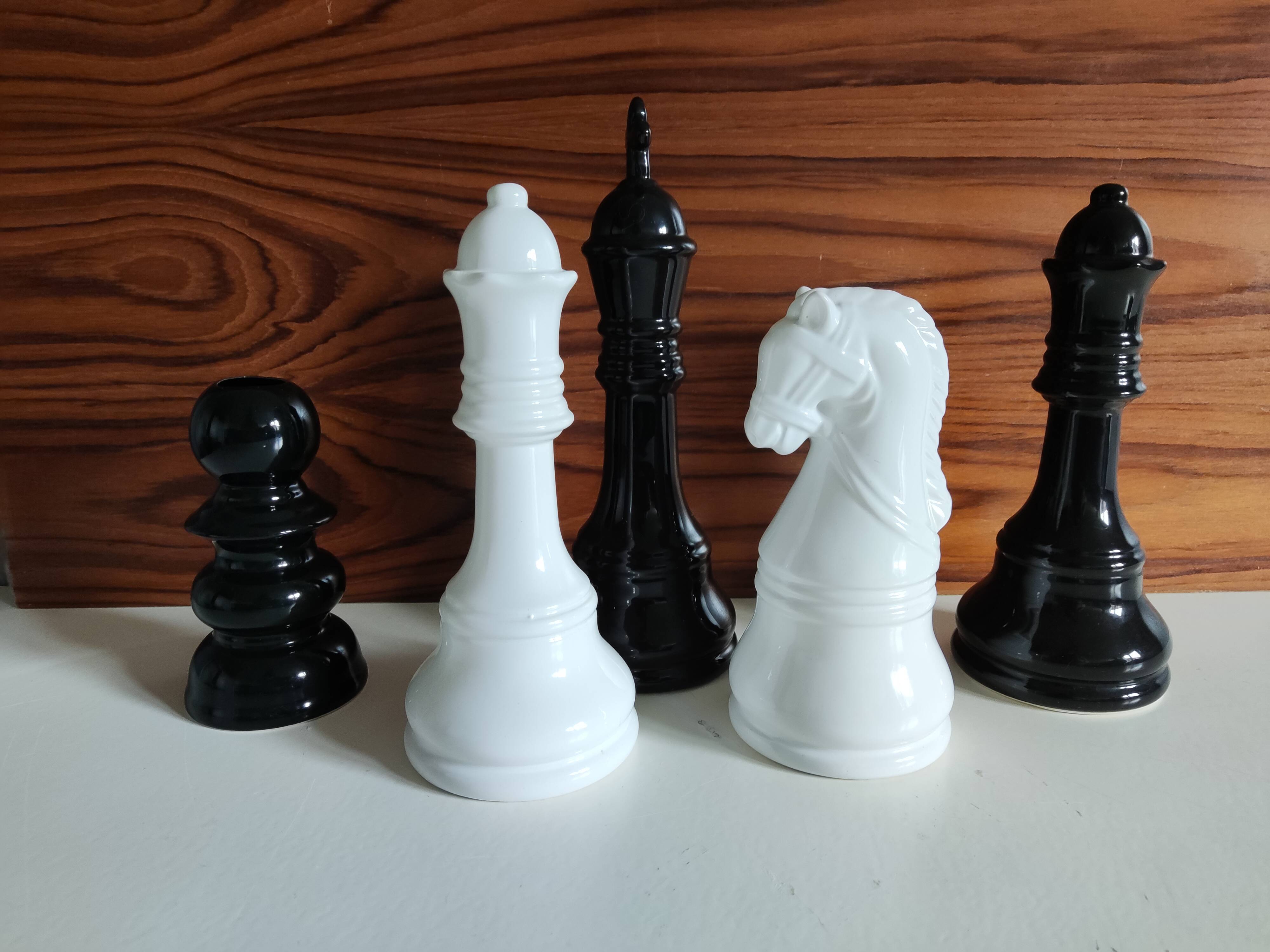 5 black and white ceramic chess pieces