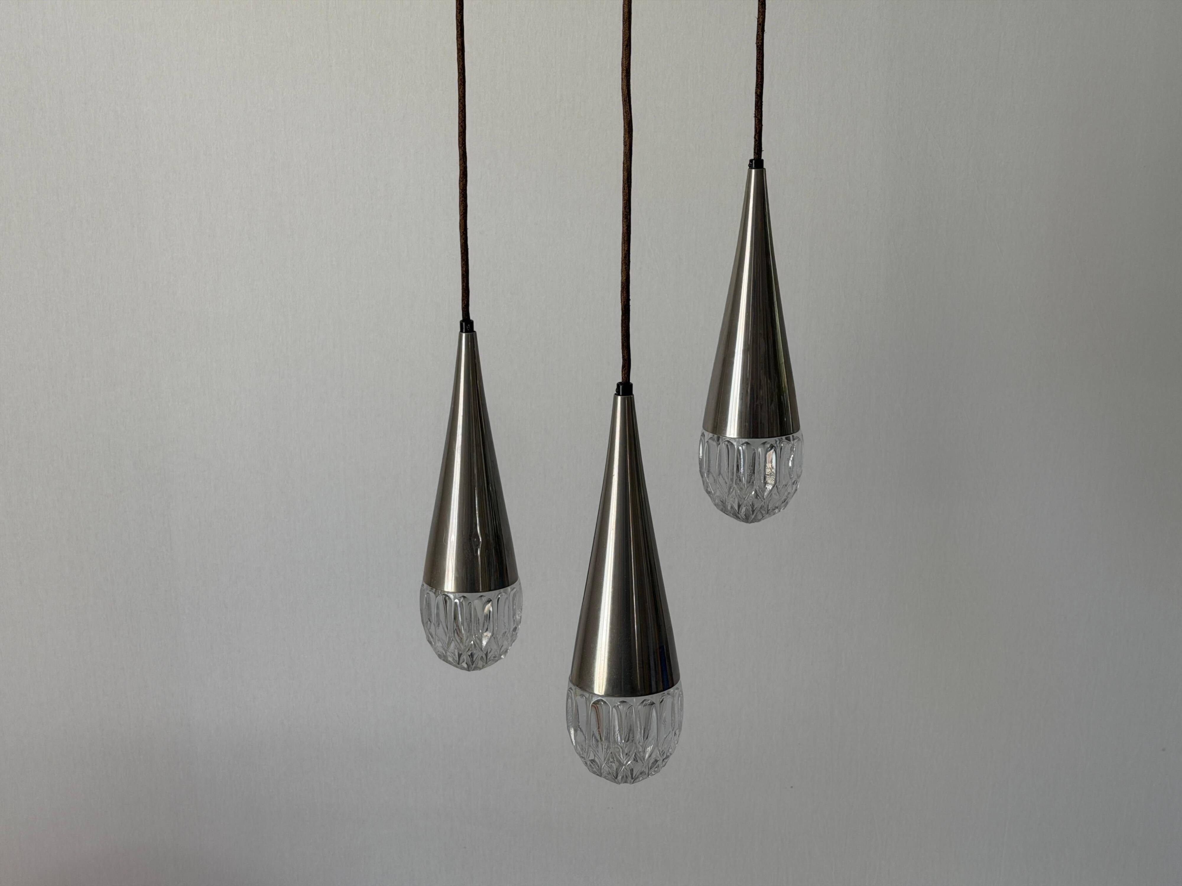 Suspended cascade lamp with 3 glass crystal shades and chrome, 1960s, Germany