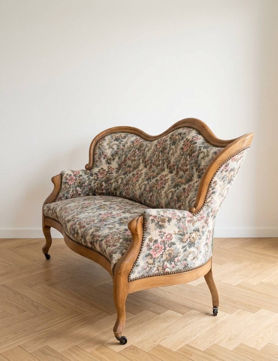 Classic wooden and floral fabric sofa bench