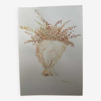 Tableau signé aquarelle paysage provençal « bouquet de fleurs séchées »