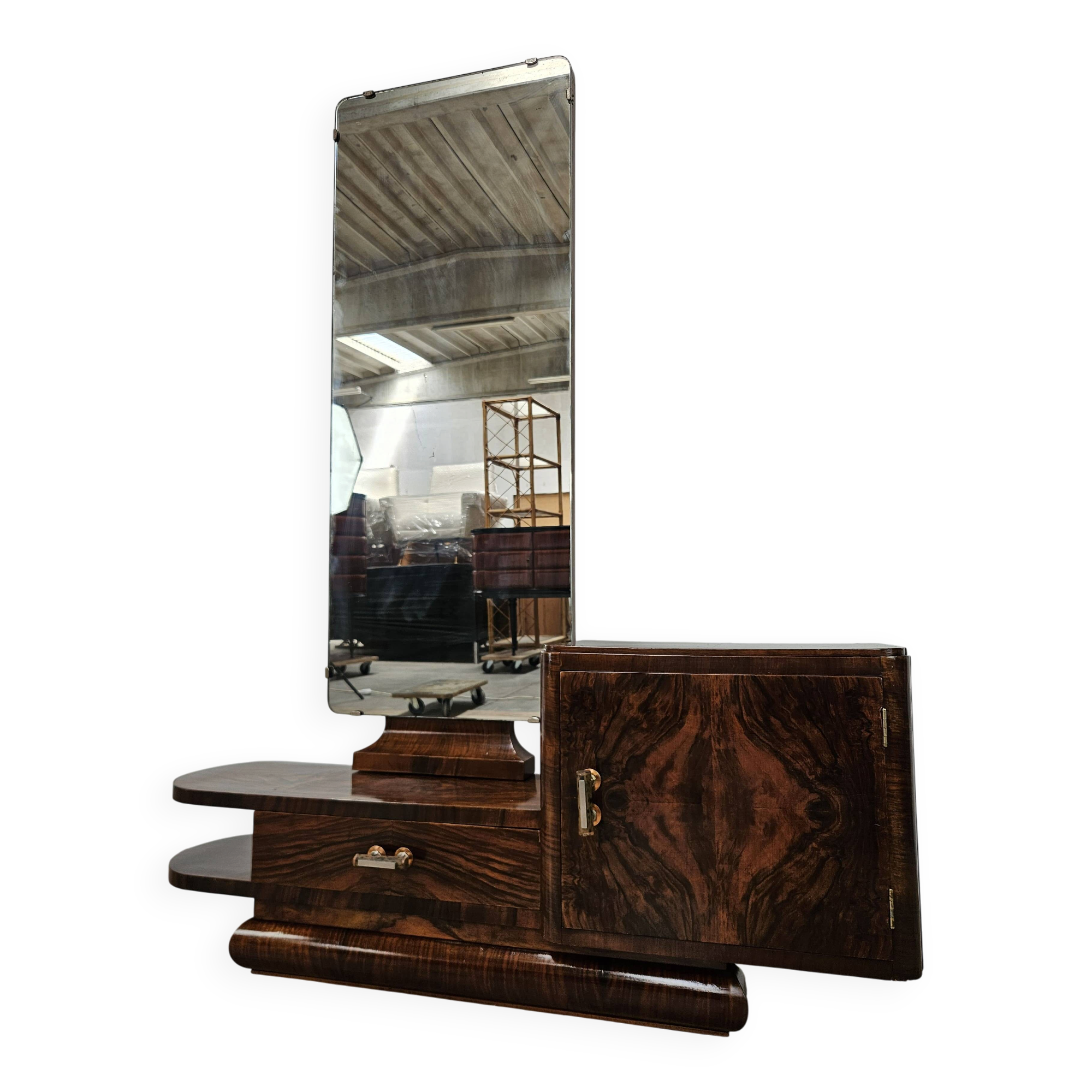Art Déco Vanity Table in Nutwood with Mirror, Italian Design, 1940s