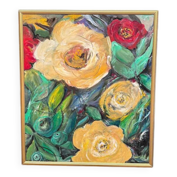 Original Swedish Oil on Panel - "Blommor (Flowers)" by Inger Gremmel - Signed - Vintage and Framed - 57.5 × 66.5 cm (22.6 × 26.2 inches)