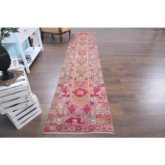 1970s Turkish Hand-Knotted Wool Cotton Pink Runner 78x367