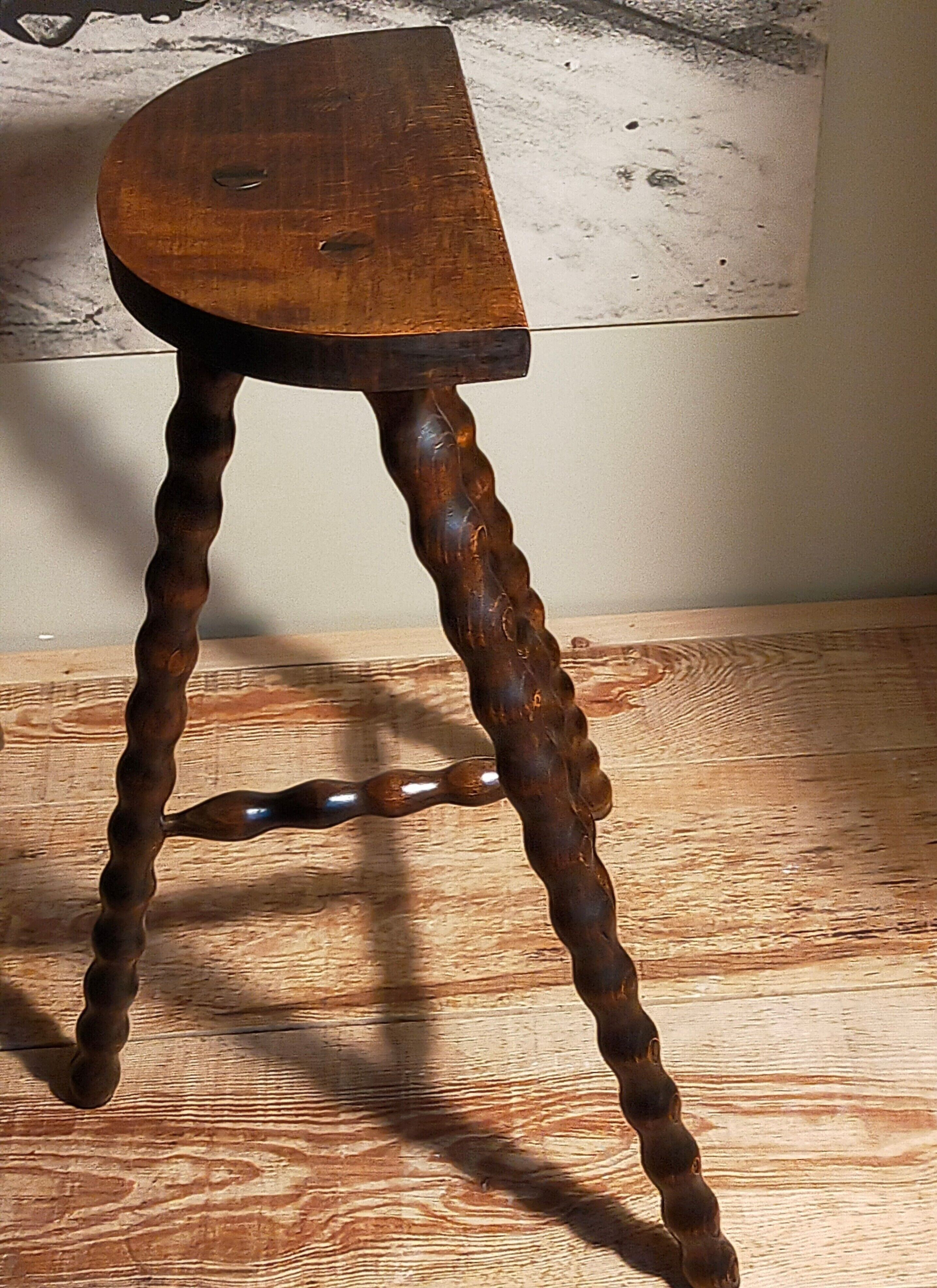 Stool high tripod solid wood turned vintage