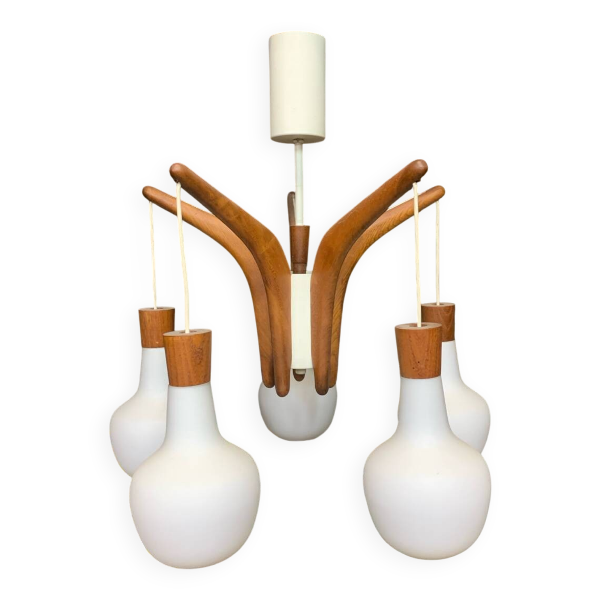 Teak and opaline Rispal chandelier, circa 1960.