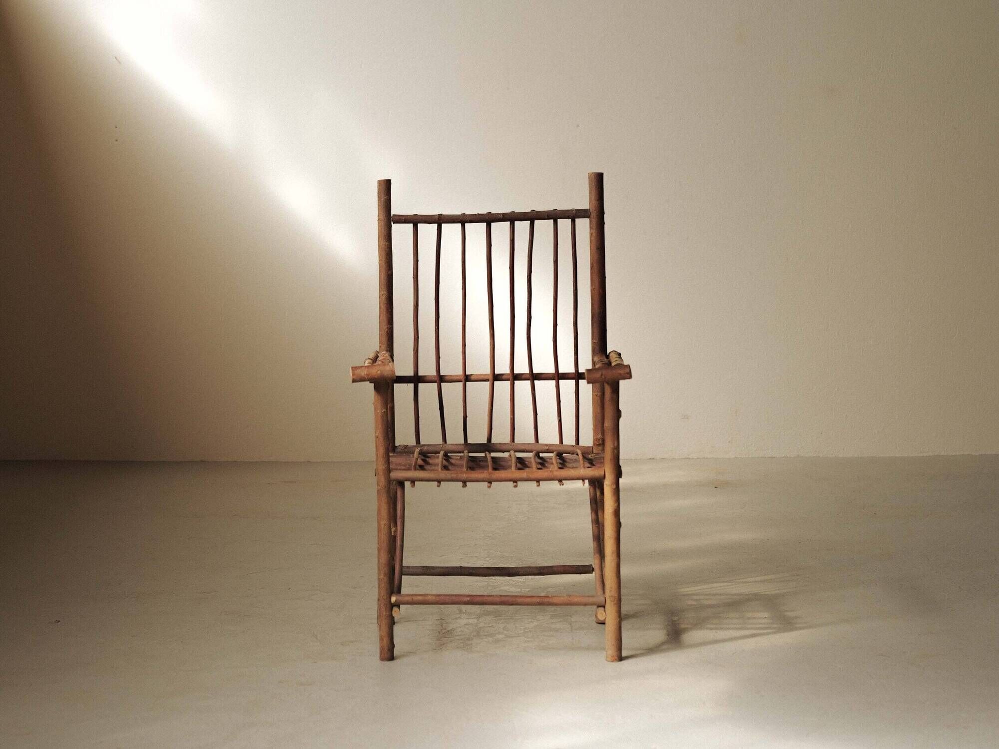 Brutalist armchair made of hazel branches, circa 1970.