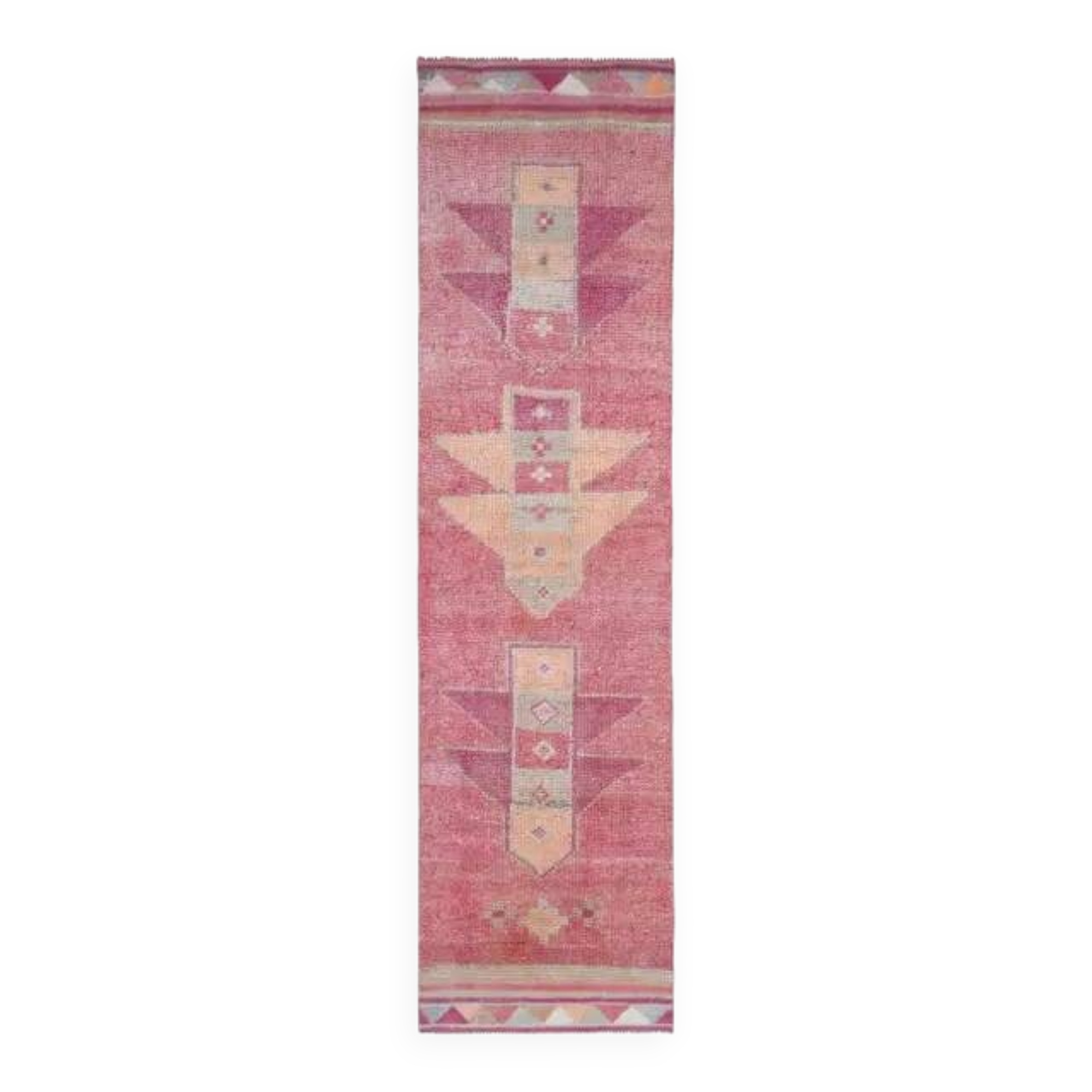 Tapis coureur vintage en laine et coton turc noué à la main rose 87x328