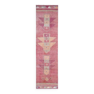 Vintage Turkish Hand-Knotted Wool Cotton Pink Runner Rug 87x328
