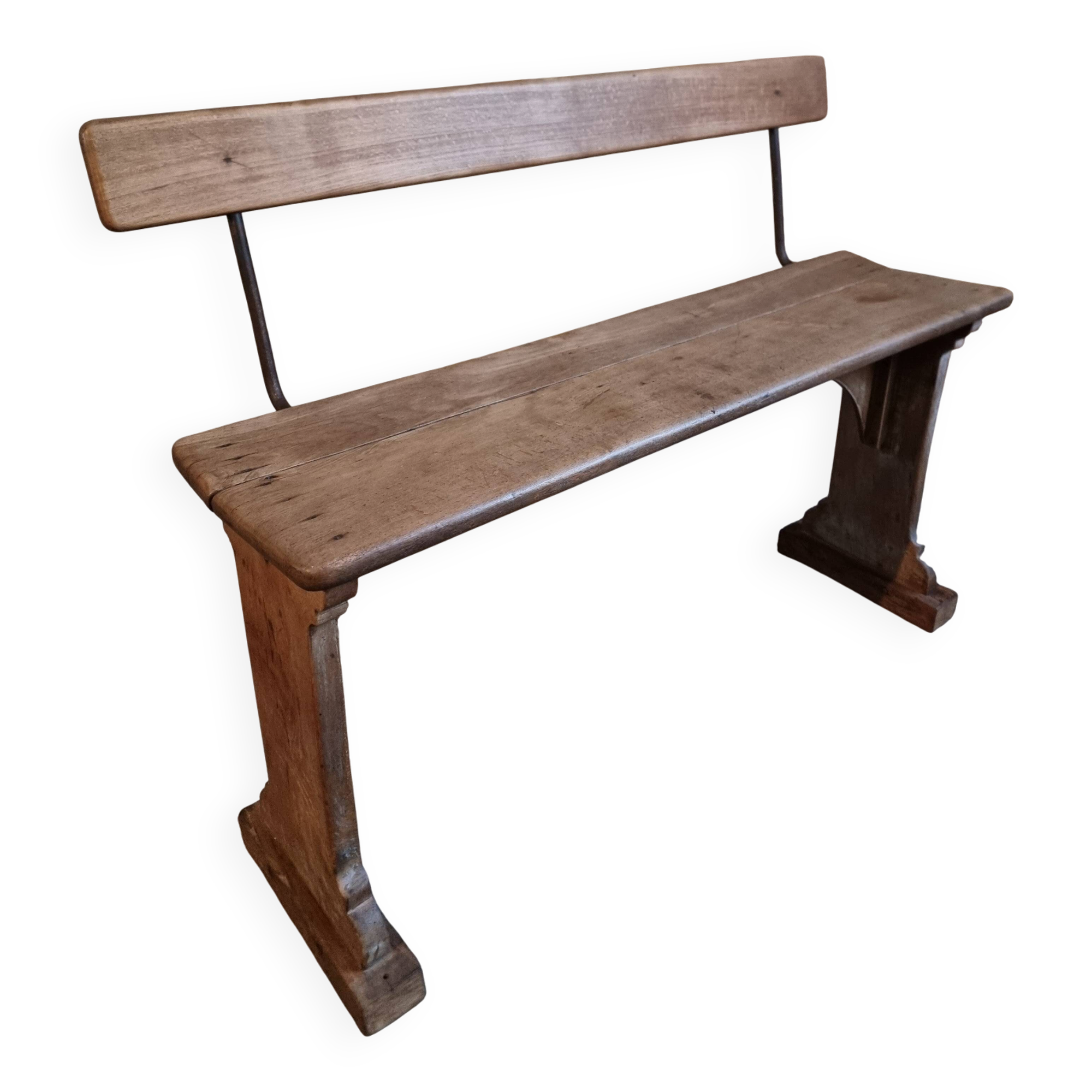Banc en bois français vintage des années 1920 – Banc en hêtre massif avec dossier