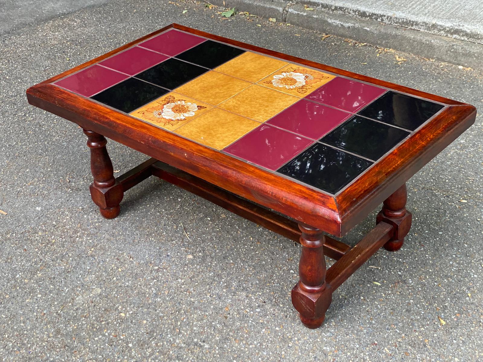 Solid wood and multicoloured ceramic coffee table from the 1970s.