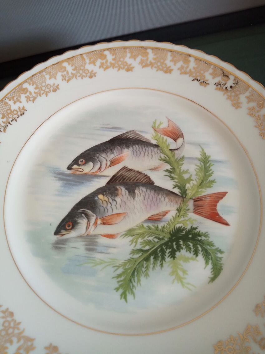 Service 12 assiettes et plat avec poissons en porcelaine de Limoges de 26,4  cm