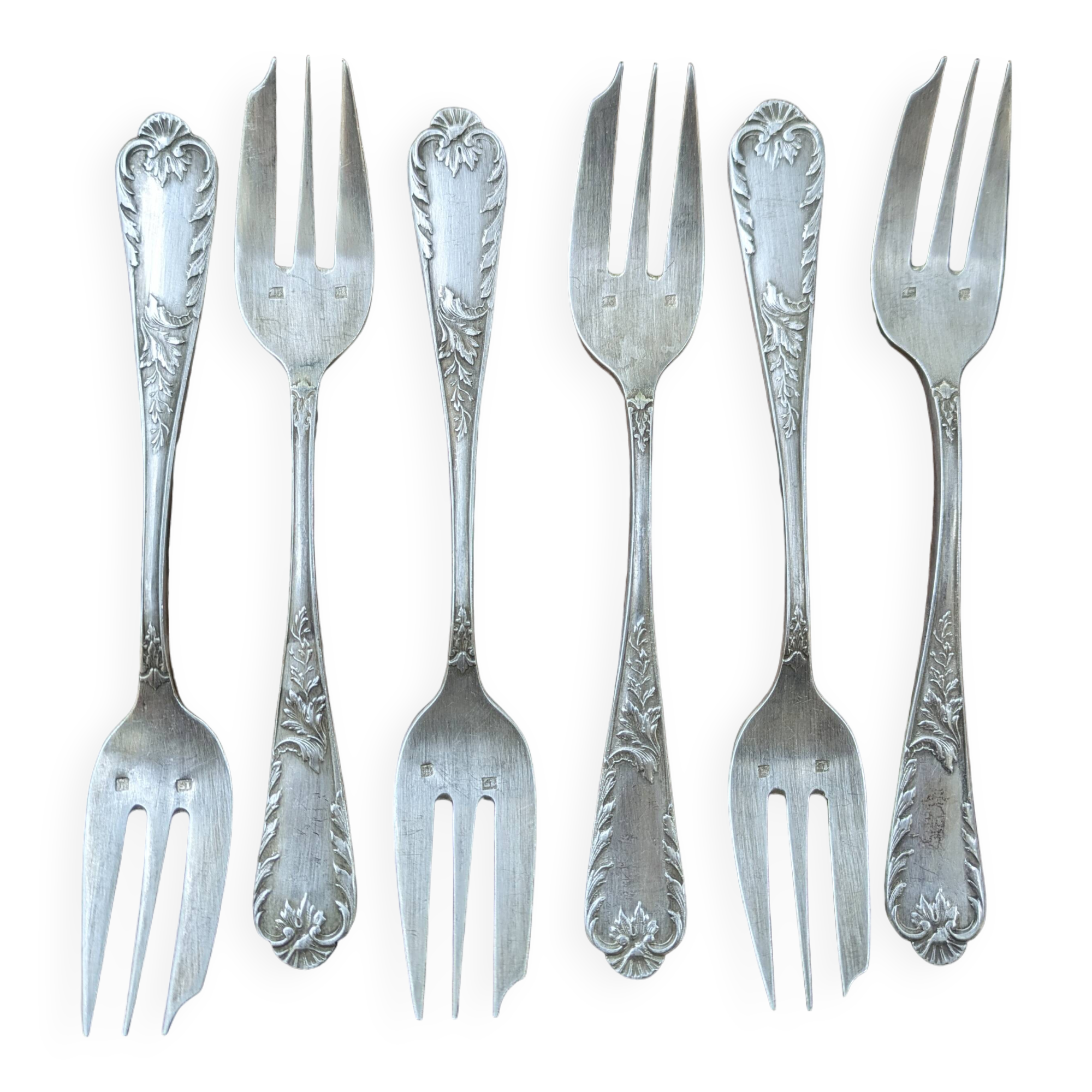 Set of 6 silver-plated oyster forks with floral decoration