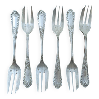 Set of 6 silver-plated oyster forks with floral decoration
