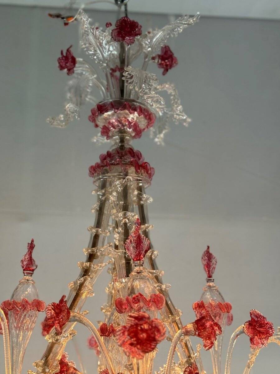 Rezzonico Venetian chandelier in colorless and red Venetian glass, circa 1920