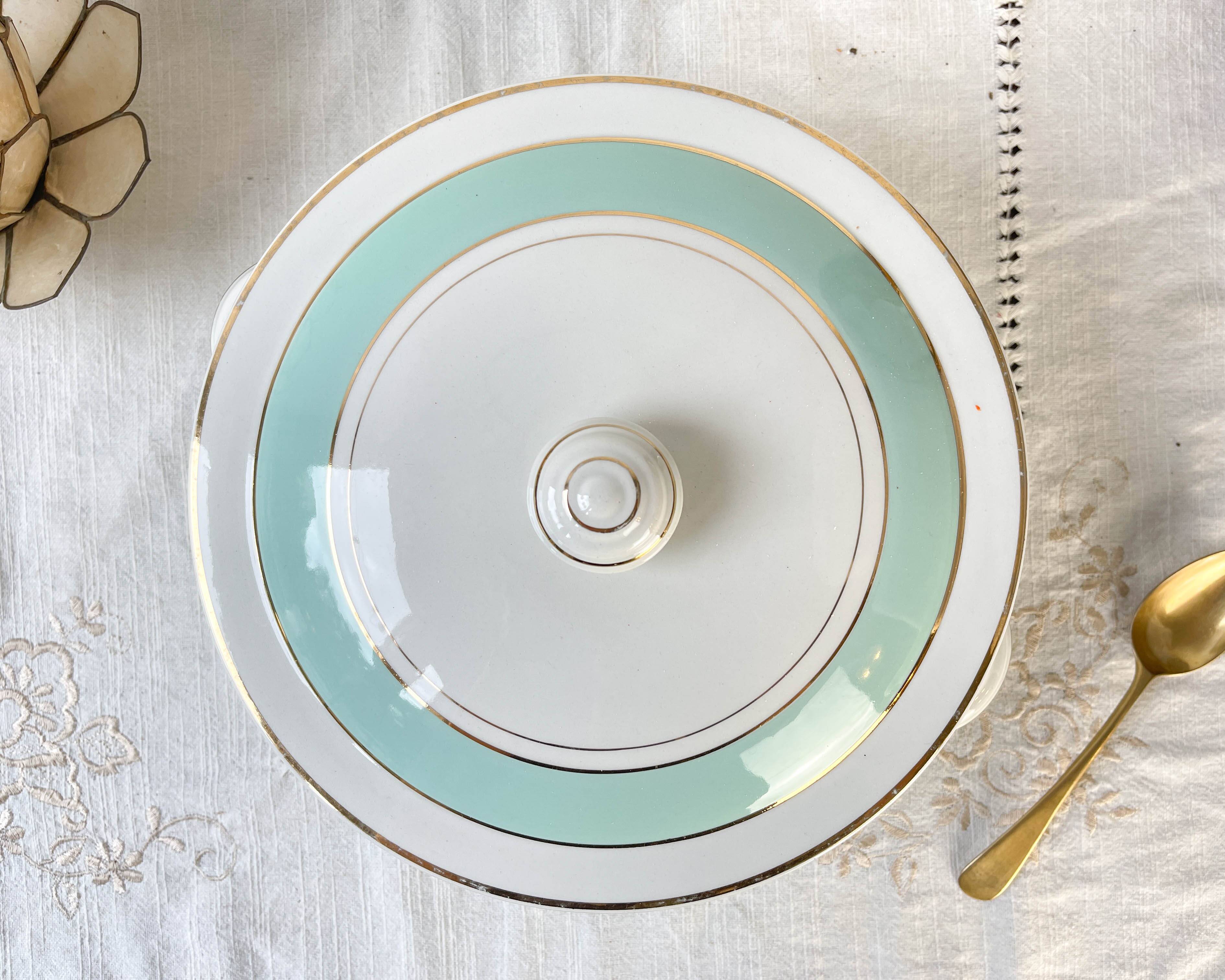 Vintage white and green porcelain tureen, Luneville, Epinay, France, 1950s