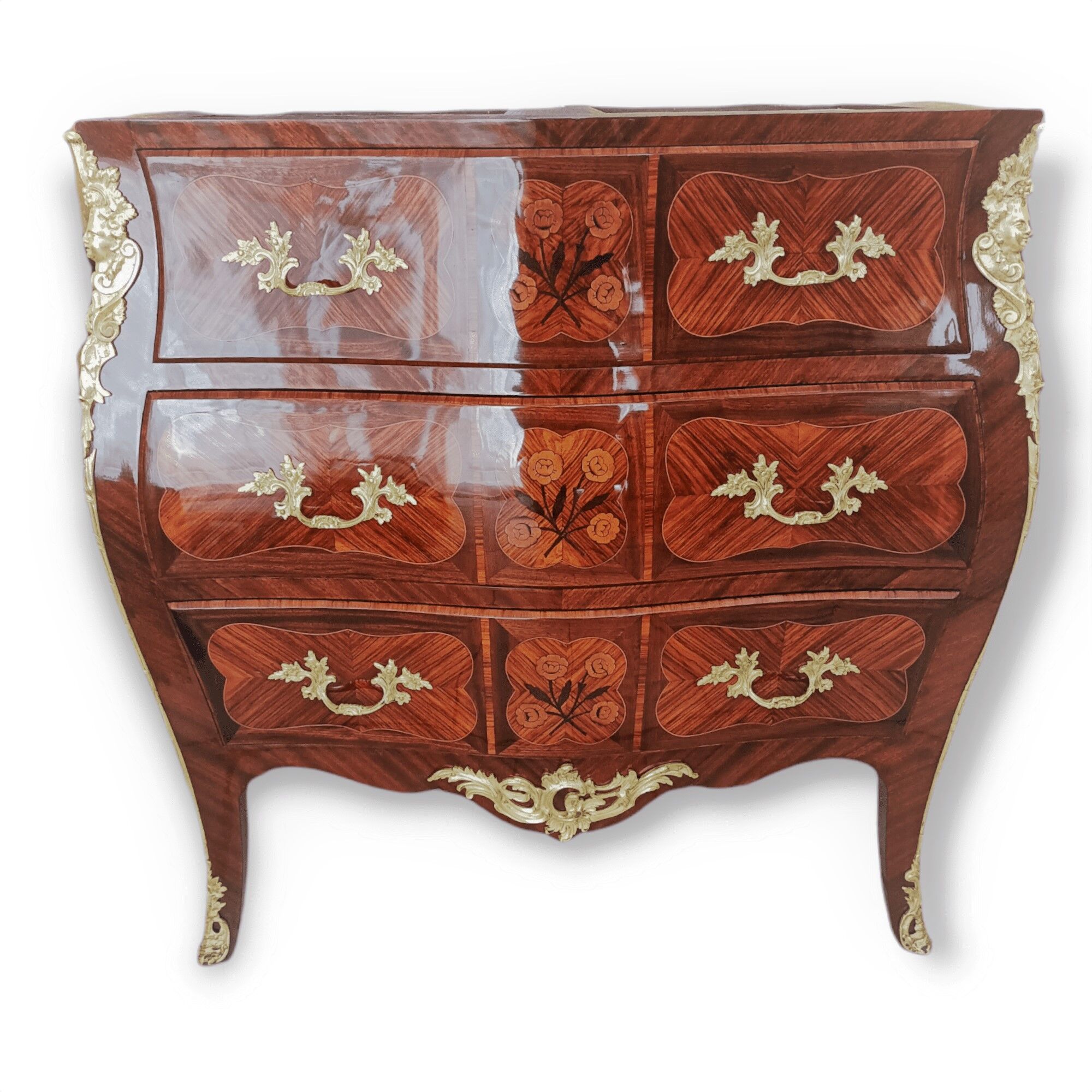 Louis XV jumping chest of drawers curved in precious wood marquetry.