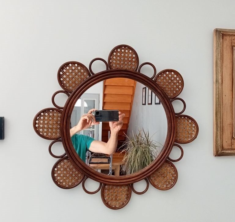 Vintage rattan flower mirror and cannage 60s/70s