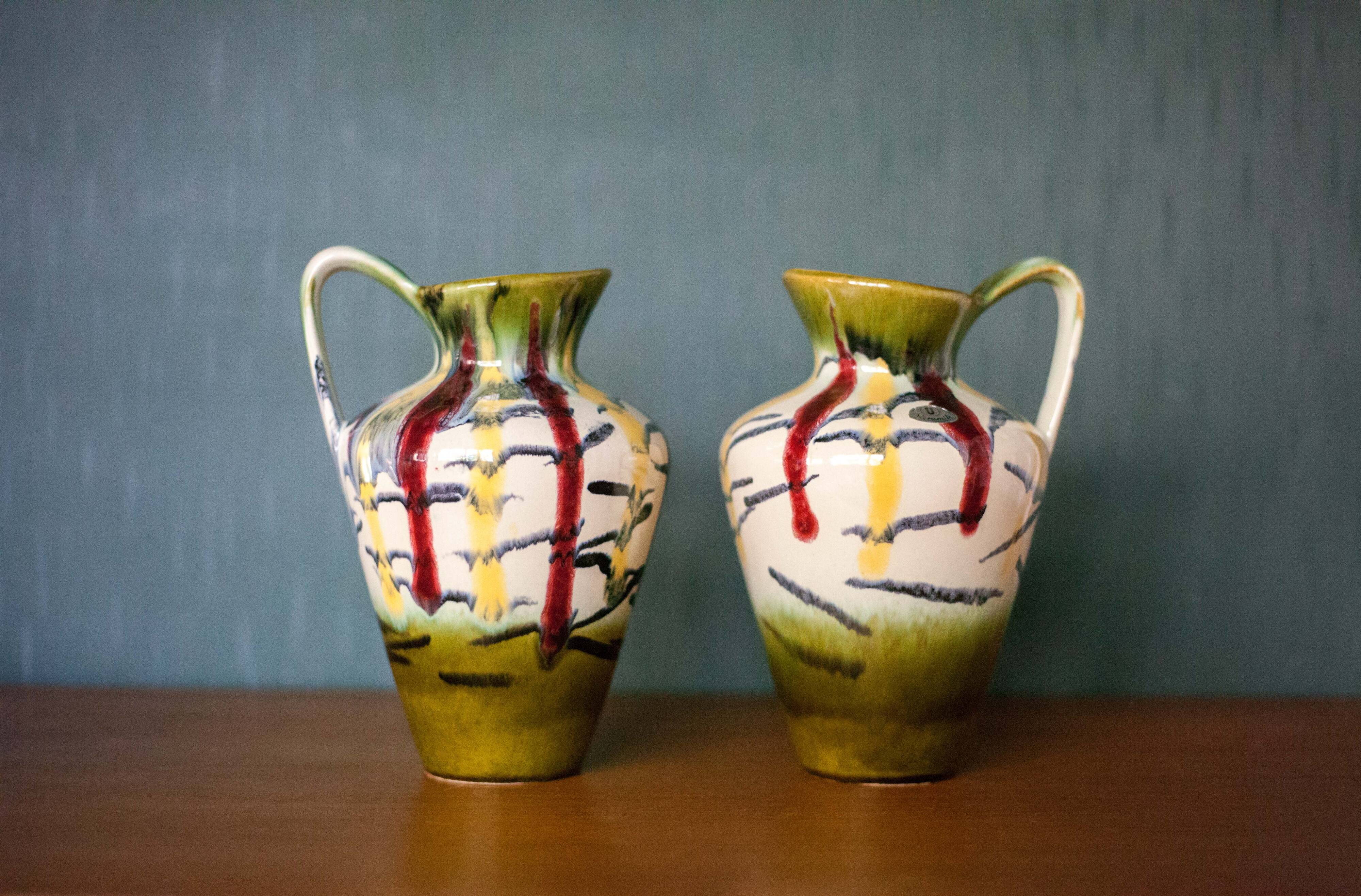 Pair of vintage ceramic vase U-Keramik 1505/20 West Germany, vase with handle, collection, pottery