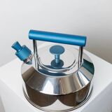Vintage stainless steel kettle with blue accents - Italian Prandelli 1980s Memphis-inspired design by Raunkjaer Kjaergaard
