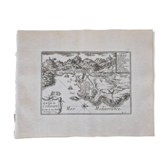 Gravure sur cuivre XVIIème siècle  "Plan de la ville de Collioure"  Par Pontault de Beaulieu
