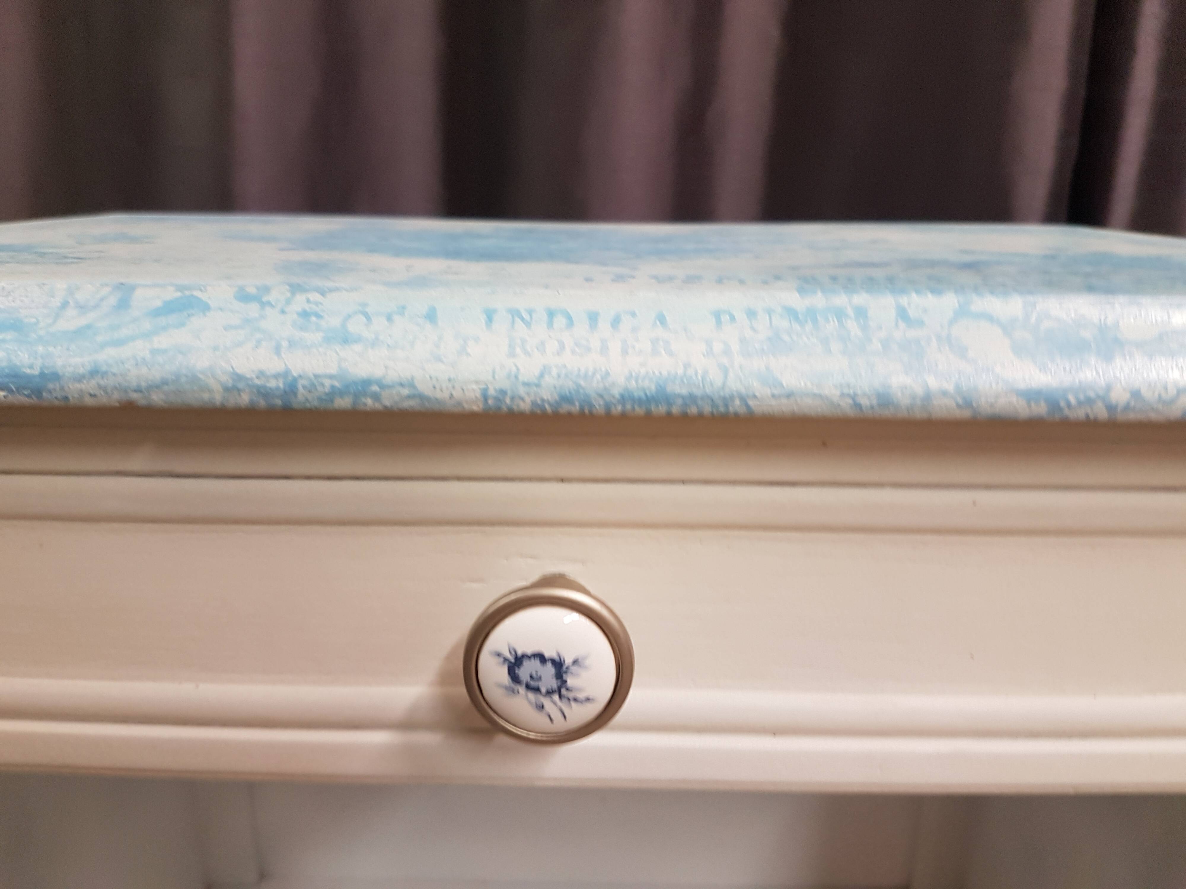 Low bedside table, 1 drawer, white and blue redesigned