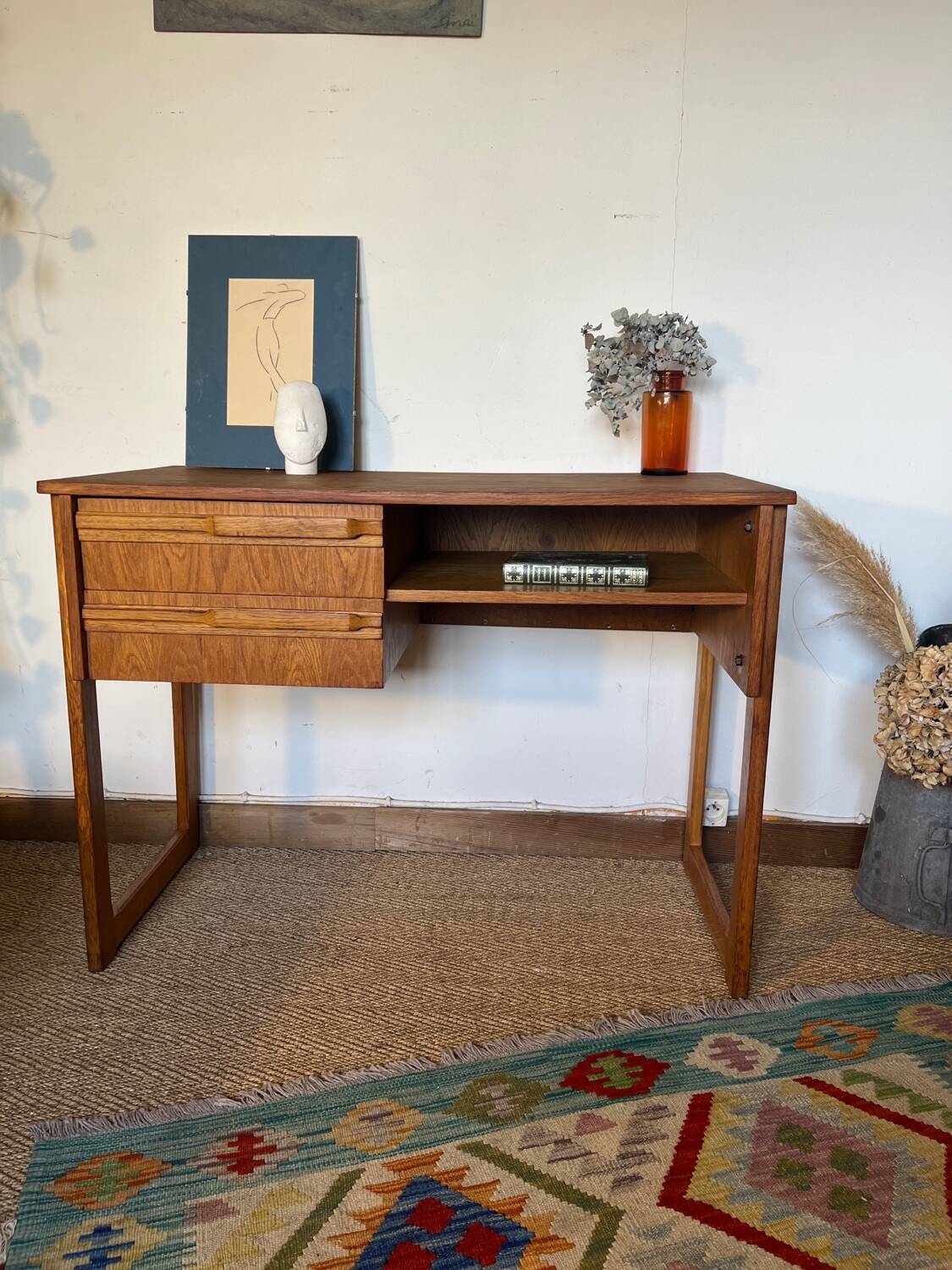 Vintage desk sled legs oak veneer