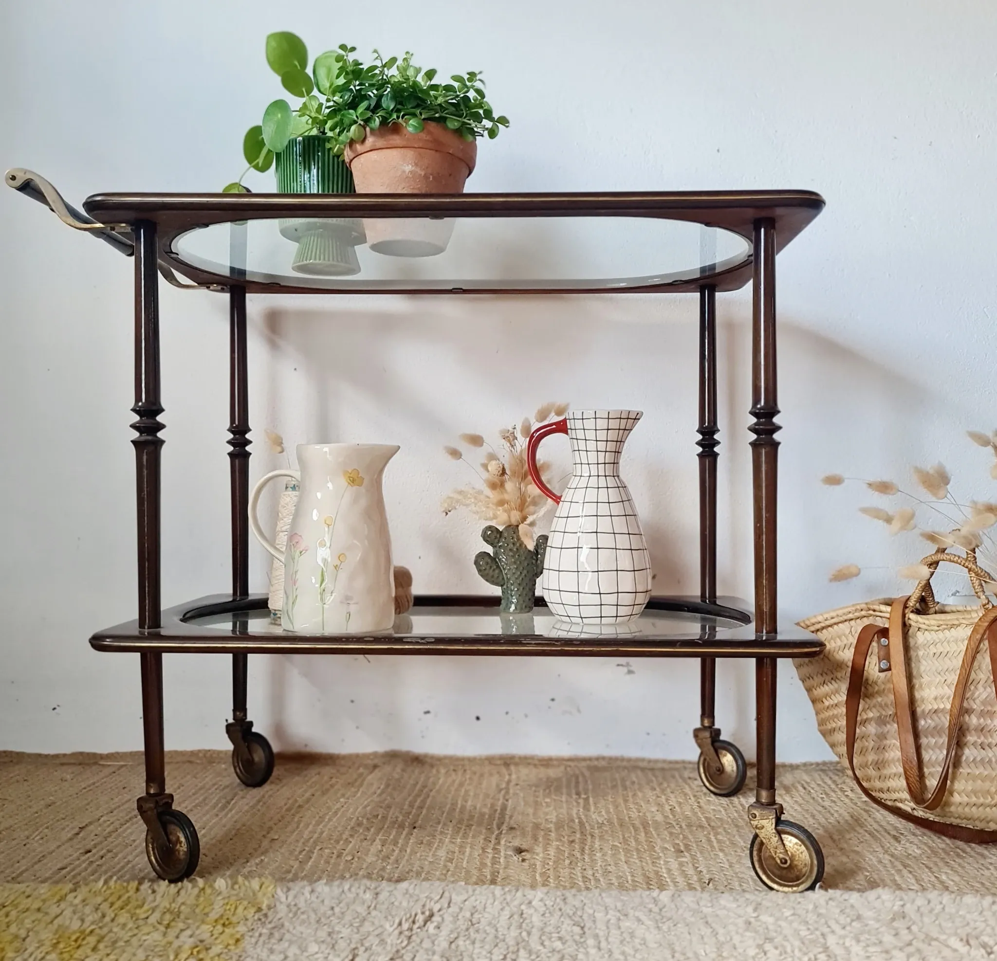Vintage stained wood and clear glass sideboard – 1950s/60s