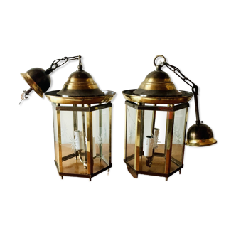 Pair of vintage brass and etched glass lanterns