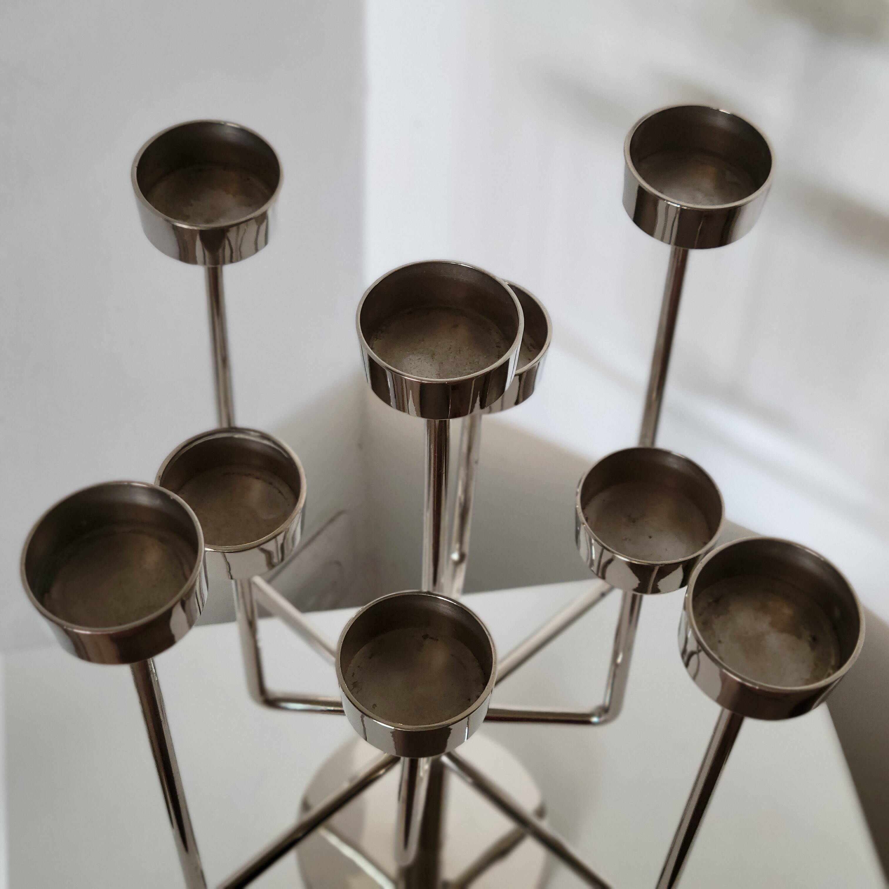 Candle holder with 9 branches in chrome-plated metal