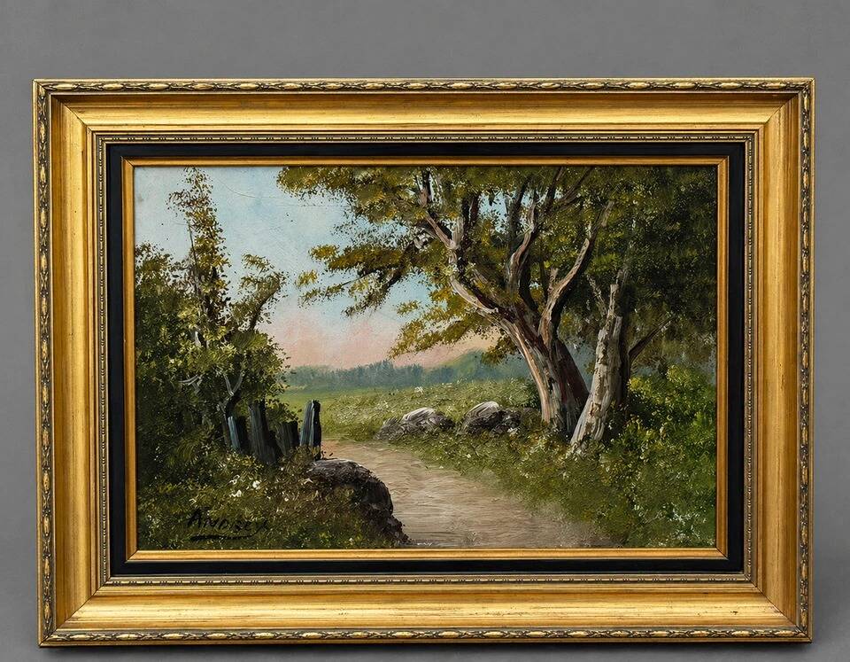 Countryside landscape – Oil on panel signed Anderson – 20th century