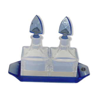 Service consisting of vials and small blue tray in crystal of vintage Boheme, 1950