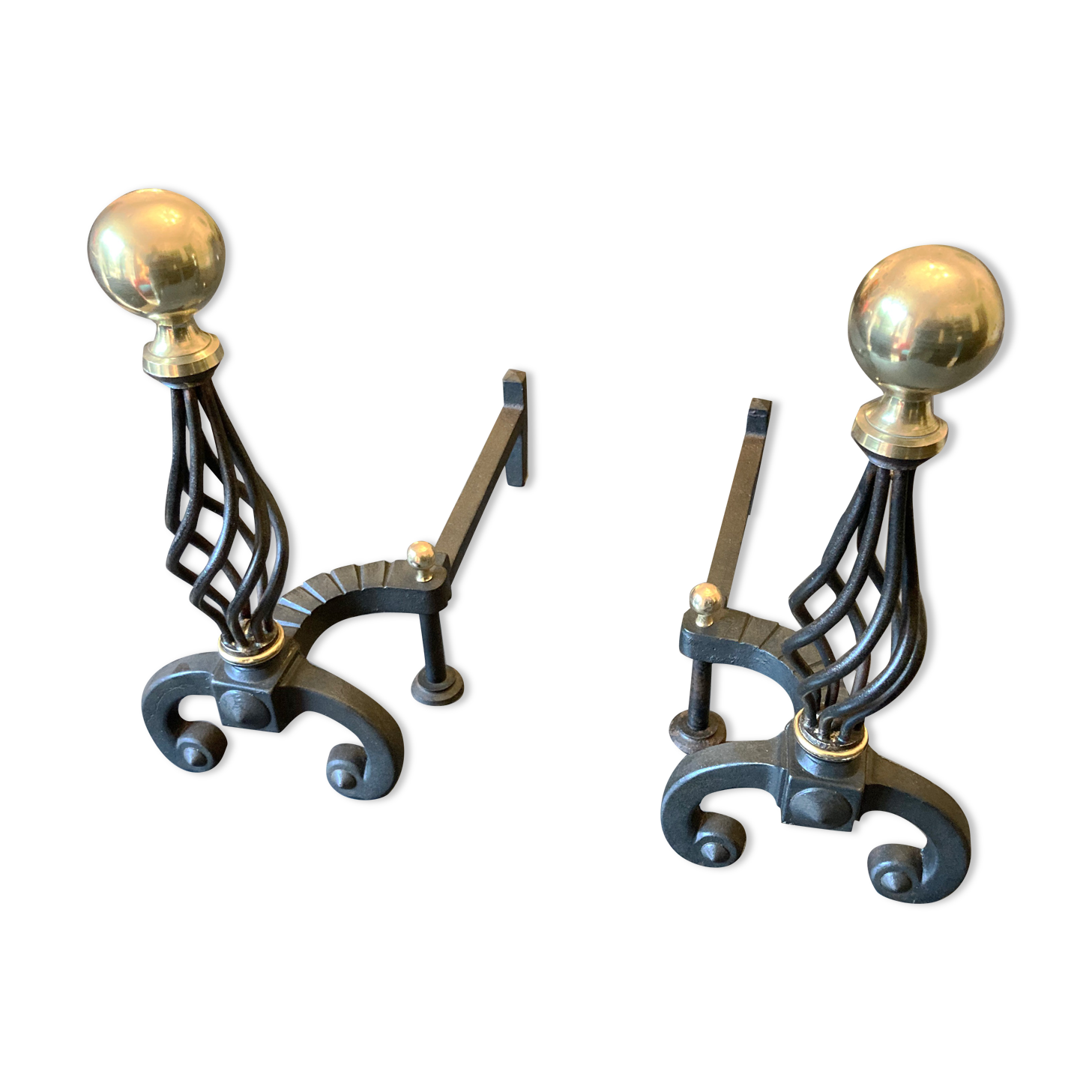 Chenets modernist bronze and cast iron